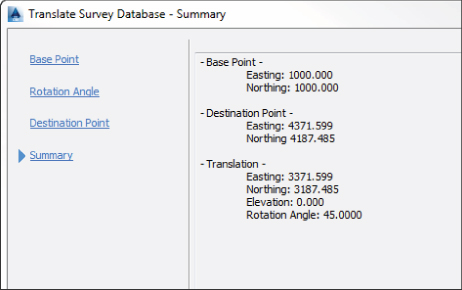 Screenshot of the Translate Survey Database dialog box presenting Summary tab with values for Base Point, Destination Point, and Translation properties.