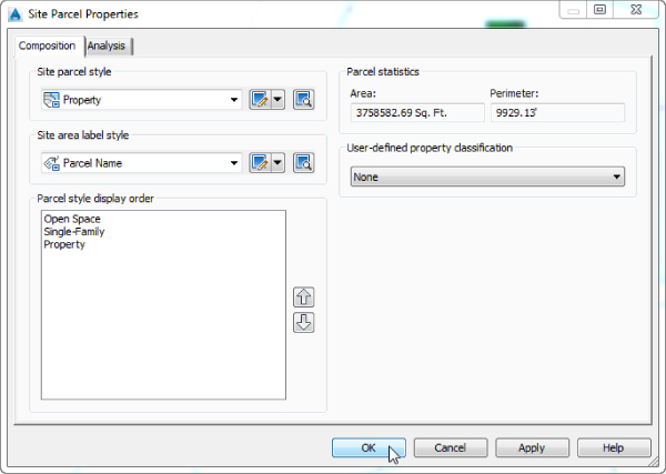 Screenshot of Site Parcel Properties dialog presenting Composition tab with Site parcel style, Site area label style, and Parcel style display order. On Parcel statistics are Area and Perimeter.