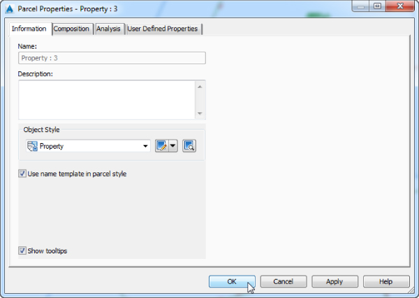 Screenshot of Parcel Properties- Property 3 displaying 5 tabs: Information, Composition,  Analysis, User Define, and Properties, with 2 checked boxes for Use name template in parcel style and Show tooltips.