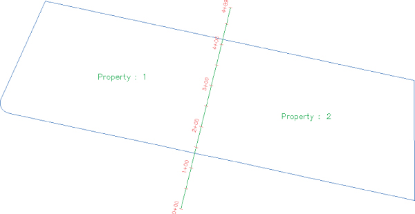 A parcel with a line dividing the center. Divisions are labeled Property 1 and Property 2.