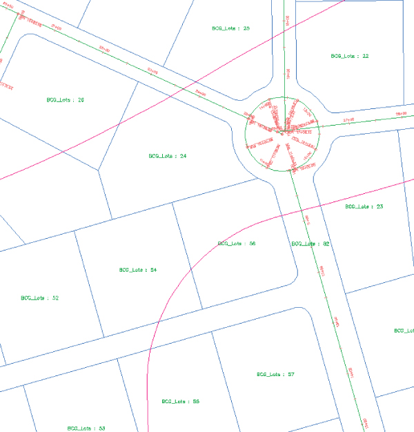 A drawing of a parcel with subdivisions labeled and with road right -of-way. An ascending line (top) and a curve line (bottom) overlies the drawing.