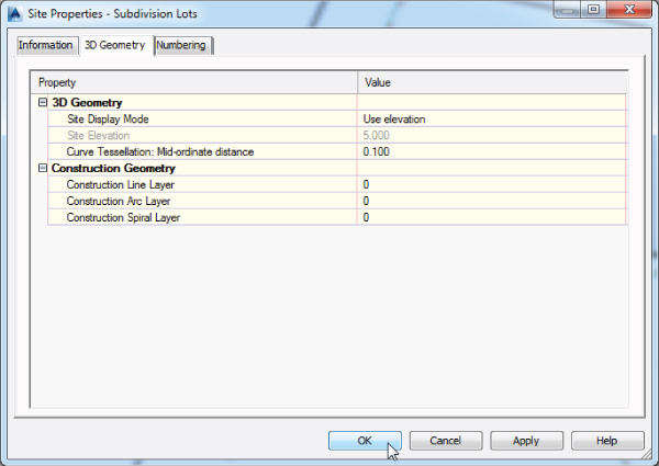 Screenshot of Site Properties- Subdivision Lots window presenting 3D Geometry. Along 3D Geometry are Site Display Mode, Site Elevation (grayed), and the Curve Tessellation.