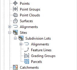 Screenshot from the Prospector tab with displayed Subdivision Lots in the list under Sites.  