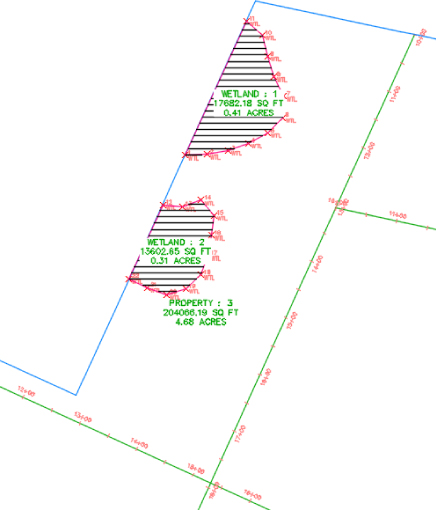 Drawing of 2 wetlands in a site labeled Property 3 with corresponding measurements.