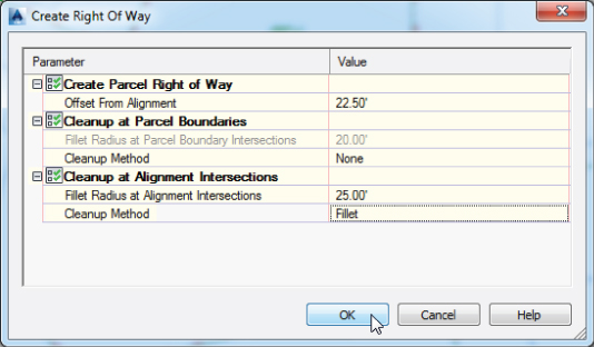 Screenshot of Create Right of Way dialog presenting 22.50', None, 22.00' and Fillet in Offset Form Alignment, Clean-up Method, Fillet Radius at Alignment Intersections, and Clean-up Method, respectively.