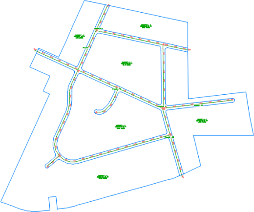 Drawing of the completed road right-of-way (ROW) parcels with line segments and alignment.