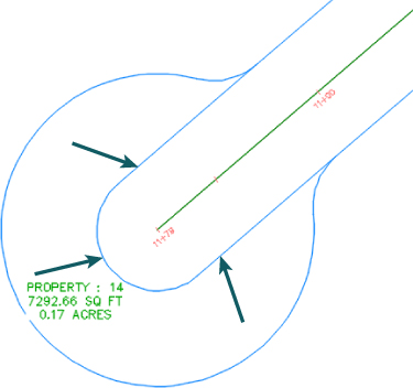 Drawing of the parcel having one end forming into a circular turnaround labeled Property:  14, 7292.66 sq.ft., and 0.17 acres, with 3 arrows pointing at the right of way.