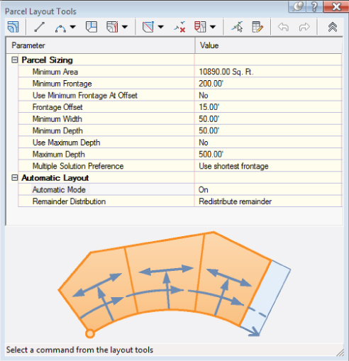 Screenshot of the Parcel Layout Tools toolbar with On in Automatic Mode parameter and with a layout of the parcel having the extension (below).