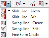 Snippet from the Parcel Layout Tools toolbar having a drop-down list for precise parcel sizing tools with Slide Line-Create, Swing Line  Create,  and Free Form Create tools.   