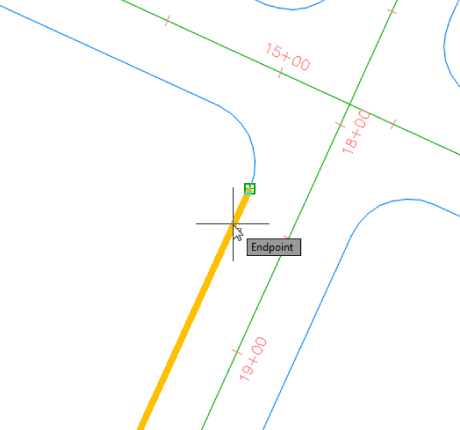 Illustration of the road right-of-way (ROW) with a pointer over the Osnap marker near the point of curvature.