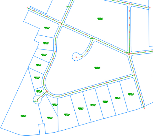 Illustration of the parcel layout with the created lots along the road right-of-way with 2 cul-de-sacs.