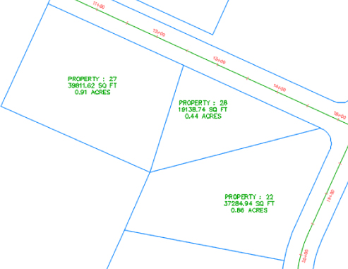 Illustration of the road right-of-way, with the created lots along the curvature, labeled Property 27, Property 28, and Property 29.