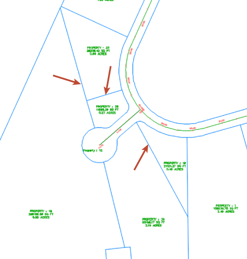 Illustration of the curve road with a cul-de-sac. Along the curvature are the created lots with arrows pointing the parcel lines.