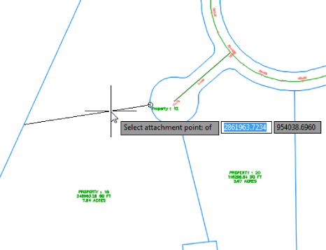 Illustration of a curve road having a cul-de-sac with a pointer on the line connecting to other line (far left). Along with, is a snippet from Free Form Create tools with 2861963.7234 in Select attachment point of.