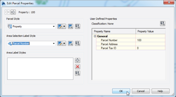 Screenshot of Edit Parcel Properties dialog displaying the Area Selection Label Style drop-down with selected Parcel Number  option.