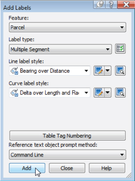 Screenshot of Add Labels dialog. Feature is set to Parcel, Label Type to Multiple Segment, Line Label Style to Bearing Over Distance, and Curve Label Style to Delta Over Length and Radius.