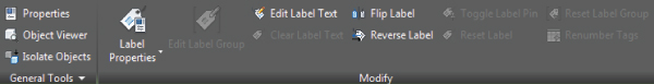 Snippet image of the Parcel Segment Label contextual tab presenting commands in General Tools panel and Modify panel. Flip Label button is on the Modify panel, above the Reverse Label button.