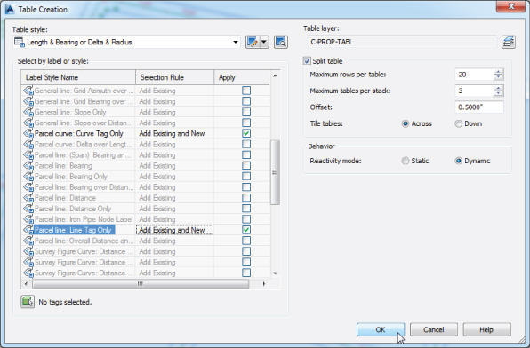 Screenshot of Table Creation dialog with Table Style set to Length and Bearing or Delta and Radius. The Parcel Line: Line Tag Only option in Label Style Name column is highlighted with a check mark on its Apply box.