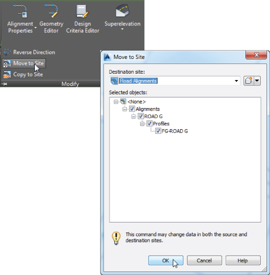 Screenshot of Move to Site dialog presenting Road Alignments in Destination site, with 4 checked boxes in Selected objects viz. Alignments, ROAD G, Profiles and FG-ROAD G. Along with is a snippet of Alignment tab.