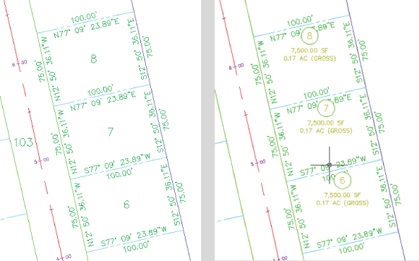 Screenshot of two parcel areas presenting Parcel #6 (bottom), #7 (middle), and #8 (top). On the right image, each parcels have labels indicating their gross actual sizes.