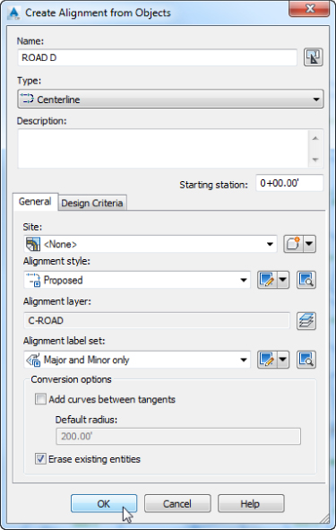 Screenshot of the General tab of Create Alignment from Objects dialog for ROAD D Centerline. Alignment style is set to Proposed, Alignment Layer to C-ROAD, and Alignment Label Set to Major and Minor only.