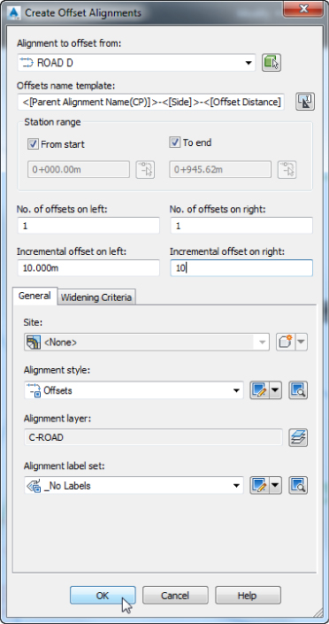 Screenshot of Create Offset Alignments dialog with alignment to offset from ROAD D, station ranges, and an offset on 10m increments on each end. Alignment Style is set to Offsets and Alignment Label Set to No Labels.