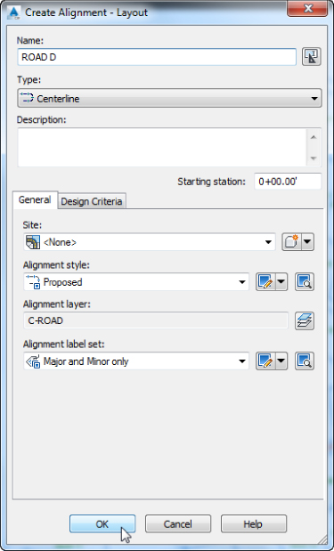 Screenshot of Create Alignment – Layout dialog for ROAD D Centerline. Alignment Style is set to Proposed, Layer to C-ROAD, and Label Set to Major and Minor only.