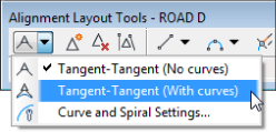 Snippet image of Tangent-Tangent drop-down menu with checked Tangent-Tangent (No curves) option. Cursor points the Tangent-Tangent (With curves). Last option is Curve and Spiral Settings.