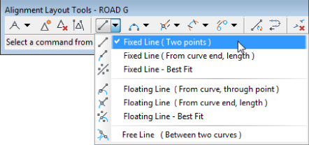 Snippet image of the Alignment Layout Tools toolbar for ROAD G displaying the Fixed Line drop-down menu. Cursor points the Fixed Line (Two points) in the drop-down list.