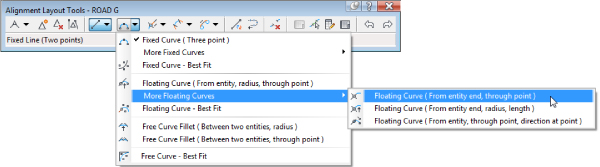 Screenshot of Alignment Layout Tools toolbar for ROAD G with displayed Floating Curve tool. More Floating Curves drop-down is highlighted with a cursor on Floating Curve (From entity end, through point) option.