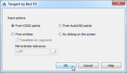 Screenshot of the Tangent by Best Fit dialog box with Input options: From COGO points, From entities, From AutoCAD points, and By clicking on the screen. From COGO points and OK button (at the bottom) are selected.