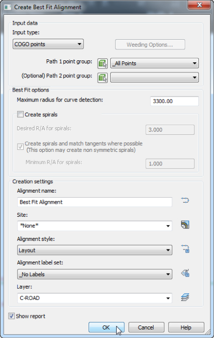 “Screenshot of the Create Best Fit Alignment dialog displaying Creation settings with Layout in Alignment style, _No Labels in Alignment label set, C-ROAD in Layer, a checked box in Show report.”