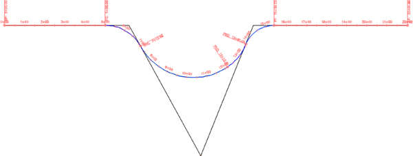 Illustration of the segment layout for the reverse and compound curve alignment with a line forming into a V-shaped figure and an overlying inverted arc.