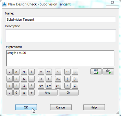 Screenshot of New Design Check–Subdivision Tangent dialog with inputs Subdivision Tangent on the Name field and Length>=100 on Expression field. Below is a number pad.