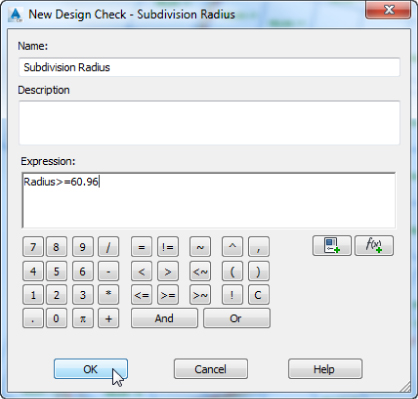 Screenshot of New Design Check–Subdivision Radius dialog with inputs Subdivision Radius on the Name field and Radius>=60.96 on Expression field. Below is a number pad.