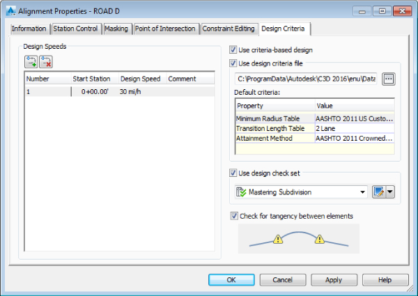 Screenshot of Design Criteria tab of Alignment Properties–ROAD D dialog presenting settings for design speed, design check set, and default criteria.