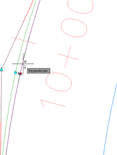 Diagram of grip-editing. The cursor is over a polyline arc with a tooltip Perpendicular beside it. A triangle grip is on the midpoint of second line curving away from the arc.