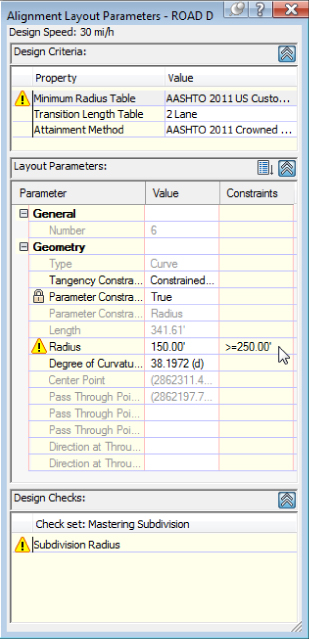 Screenshot of Alignment Layout Parameters dialog box. It displays the design criteria, layout parameters, and design checks for a curve on an alignment.