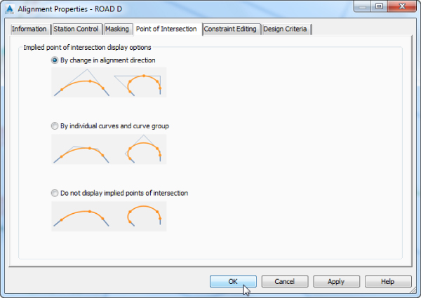 Screenshot of Point of Intersection tab of Alignment Properties dialog presenting implied point of intersection display options. The radio button  for By change in alignment direction is selected.