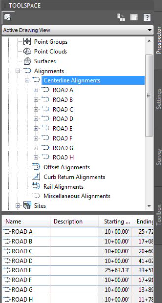  Screenshot of Toolspace panel. Centerline Alignments is highlighted in the data tree of Alignments under the active drawing view of the Prospector tab.