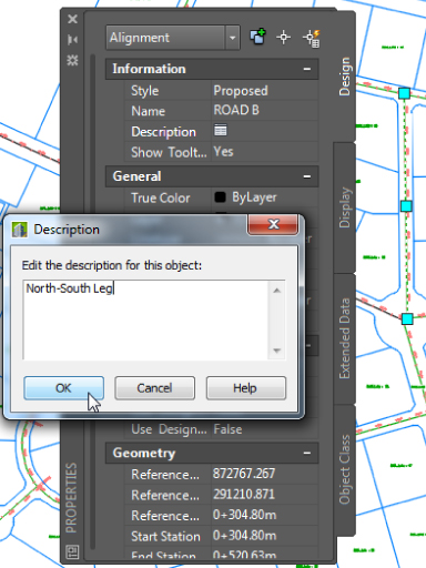 Screenshot of Design tab of Properties palette. A description dialog box allowing for the editing descriptions for an object, states North-South Leg.