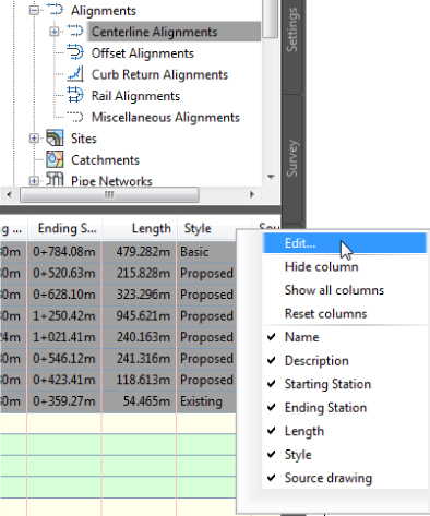 Screen capture of the lower portion of a toolspace panel. A drop down list with Edit highlighted appears in bottom right of the image, overlaying a portion of the toolspace panel.