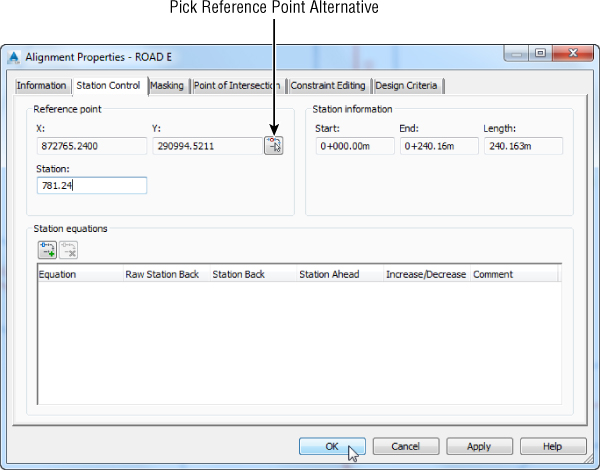 Screenshot of Station Control tab of Alignment Properties dialog. An arrow points to an icon labeled Pick Reference Point Alternative.