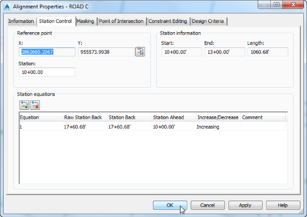 Screenshot of Station Control tab of Alignment Properties dialog with highlighted X value in the Reference point section.