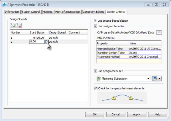 Screenshot of Design Criteria tab displaying options for design speeds and a list of default criteria.