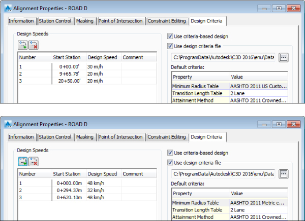 Two screenshots of the alignment properties dialog box. Top: Minimum Radius Table is selected in default criteria. Bottom: Attainment Method is selected in default criteria.