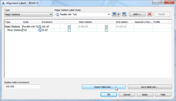 Screenshot of Alignment Labels dialog box. It displays type and major station label style options. It also has a list on types, styles, increments, start stations, end stations, and profiles.