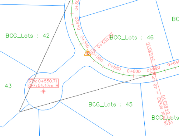 Diagram of a right-of-way arc at a cul-de-sac. The diagram displays the alignment station offset label in use.