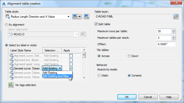 Screenshot of Alignment Table Creation dialog with sections for table style, table layer, by alignment, split table, tile tables, behavior, and an option to select by label or style.