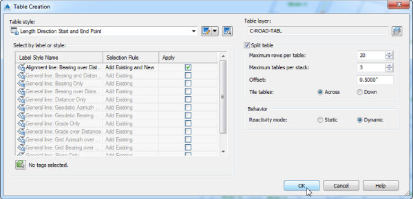 Screenshot of Table creation dialog displaying sections for table style, table layer, split table, behavior, and an option to select by label or style.